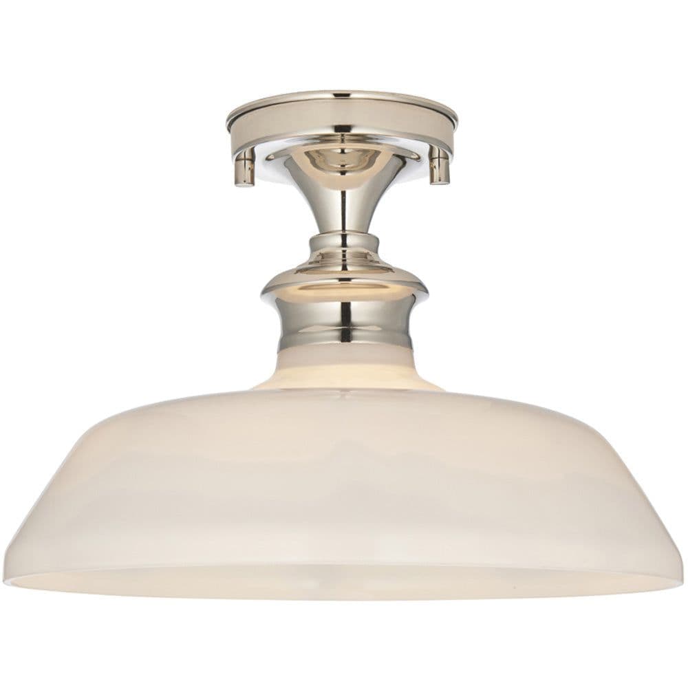 Semi Flush Ceiling Light Fitting Bright Nickel Plate & Gloss Opal Glass Shade