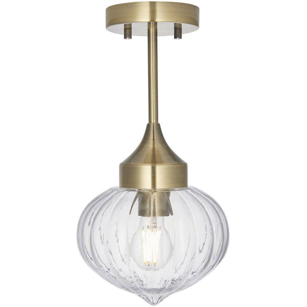 Semi Flush Ceiling Light Fitting Antique Brass Plate & Ribbed Glass Shade