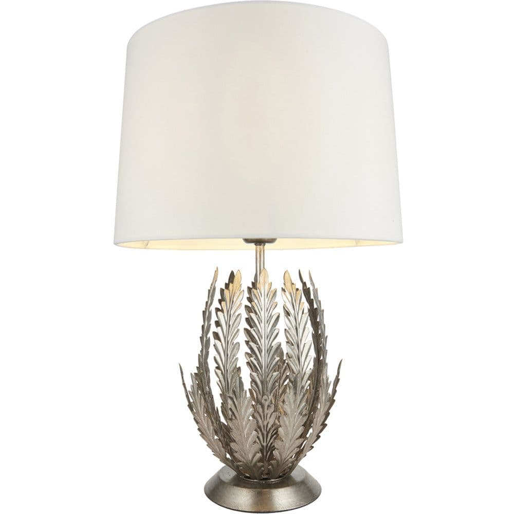 Ornate Silver Table Lamp Light Cotton Fabric Shade Decorative Leaf Design