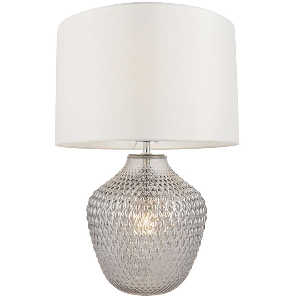 Grey Tinted Faceted Glass Twin Lit Table Lamp Light & Vintage Fabric Shade