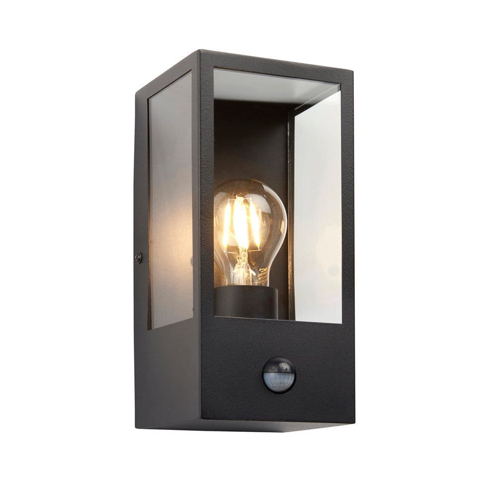 Matt Outdoor Wall Light & PIR Sensor Rectangular Lantern Clear Glass