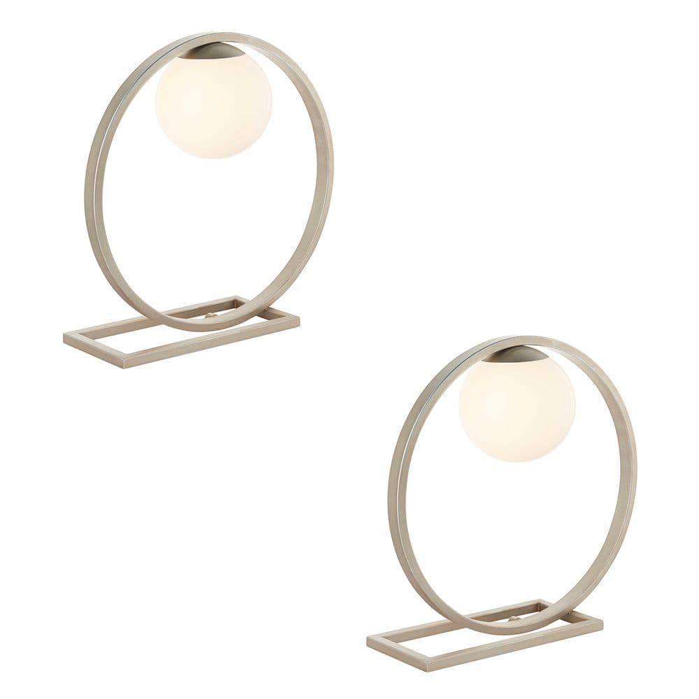 2 PACK Brushed Table Lamp Gloss Opal Glass Shade Circular Hoop Design