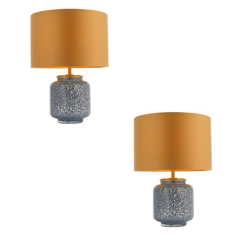 2 PACK Cobalt Glass Base Table Lamp Light & Fabric Shade Antique Brass