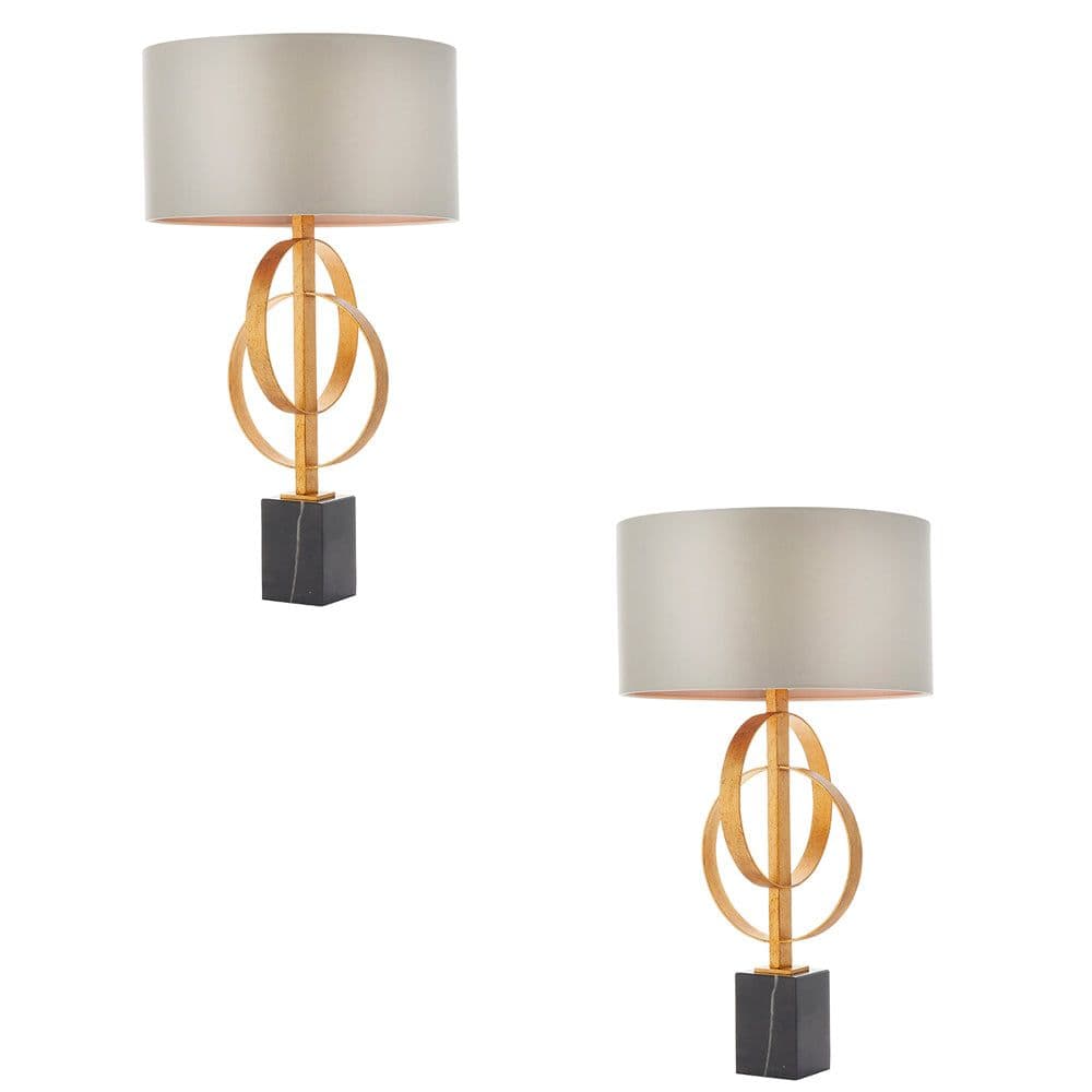 2 PACK Antique Gold Table Lamp & Mink Satin Shade Marble Base Desk Light