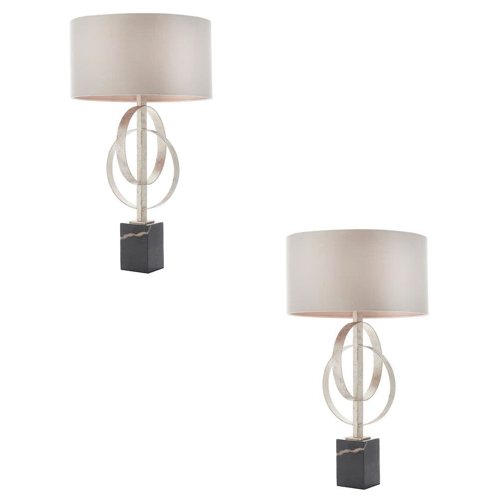 2 PACK Antique Silver Table Lamp & Mink Satin Shade Marble Base Desk Light
