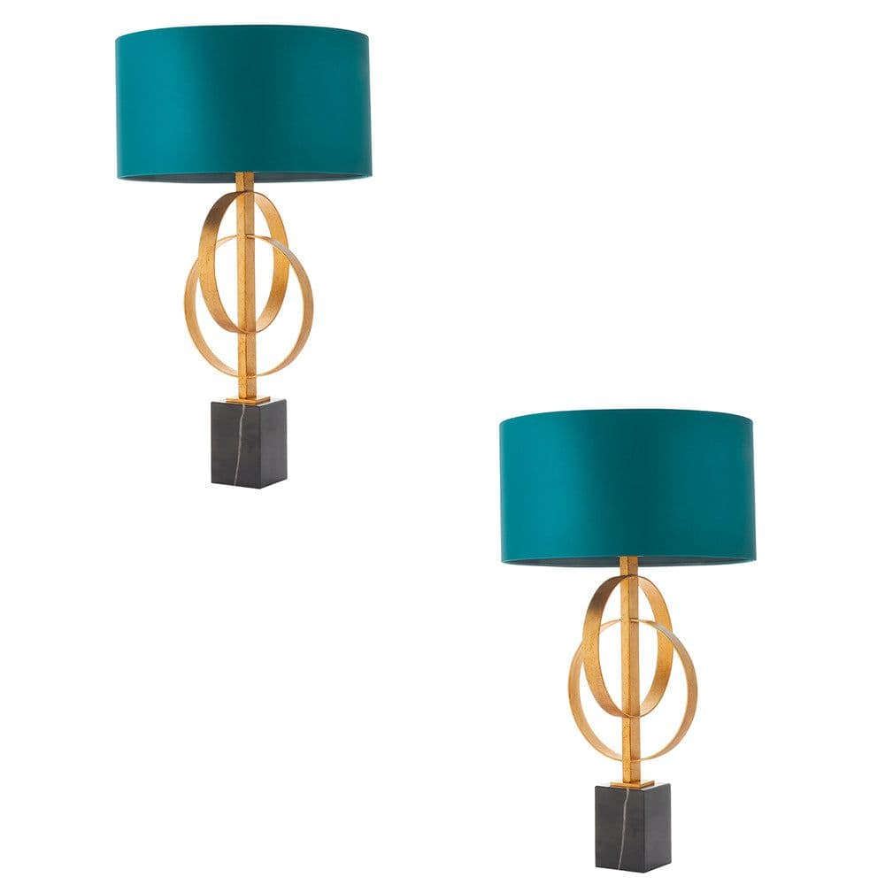 2 PACK Antique Gold Table Lamp & Teal Satin Shade Marble Base Desk Light