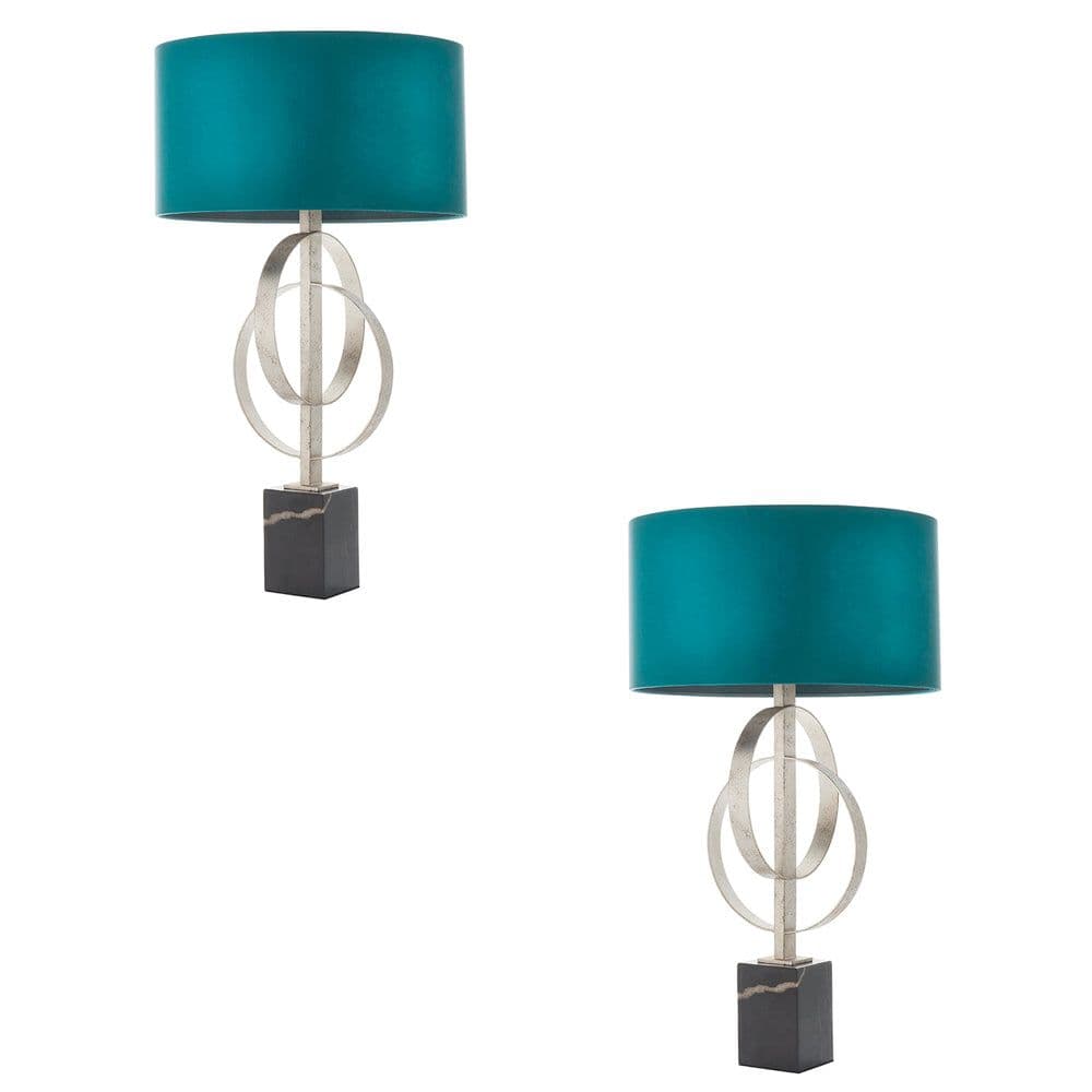 2 PACK Antique Silver Table Lamp & Teal Satin Shade Marble Base Desk Light