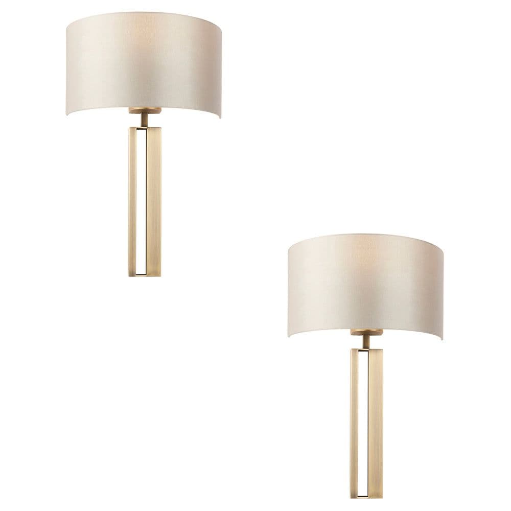 2 PACK Antique Brass Slotted Wall Light & Mink Satin Half Shade Dimmable