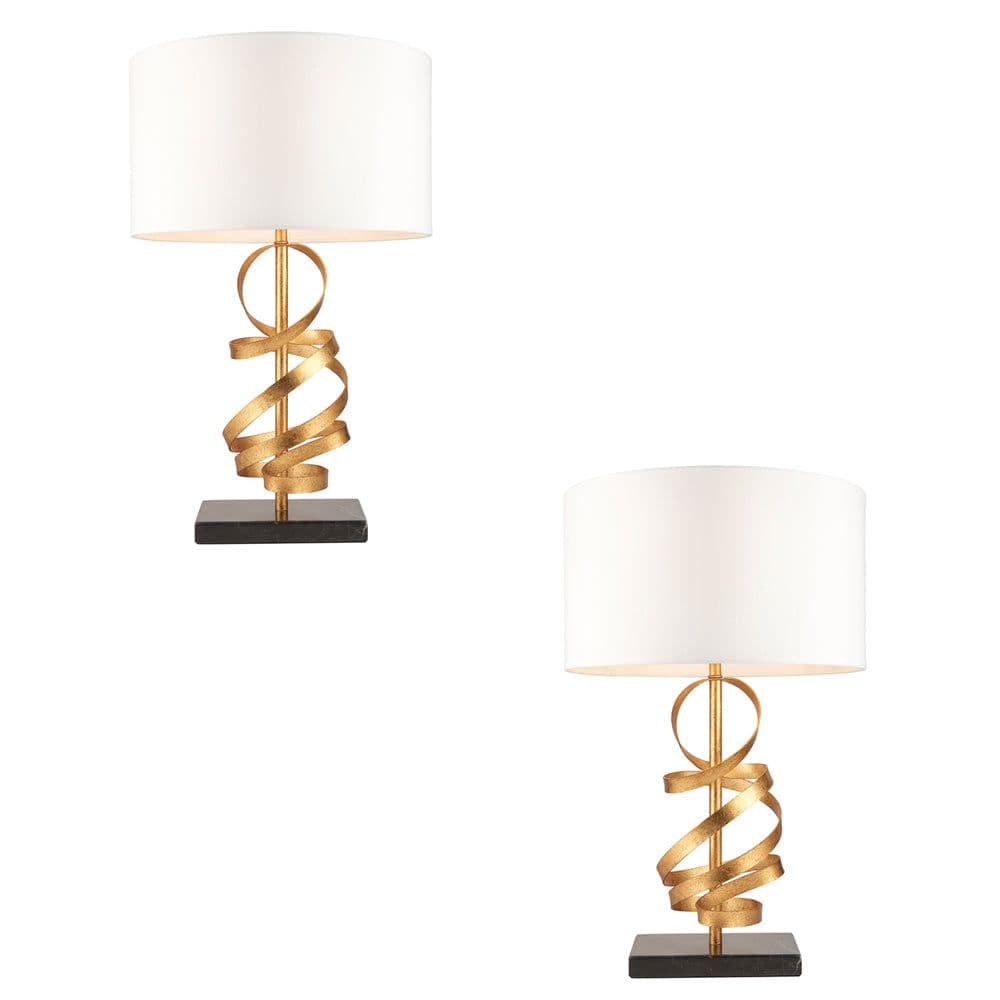 2 PACK Hammered Gold Ribbon Table Lamp Light & Ivory Shade Marble Base