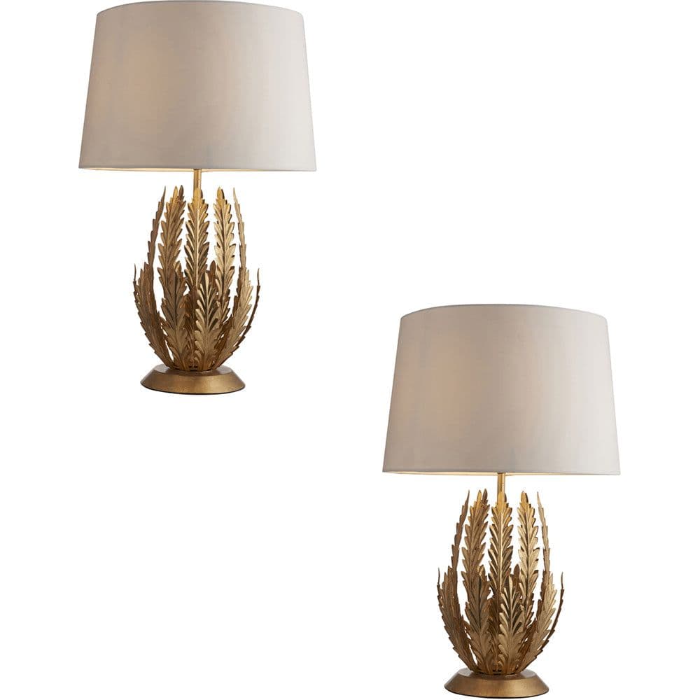 2 PACK Ornate Gold Table Lamp & Cotton Fabric Shade Decorative Leaf Design