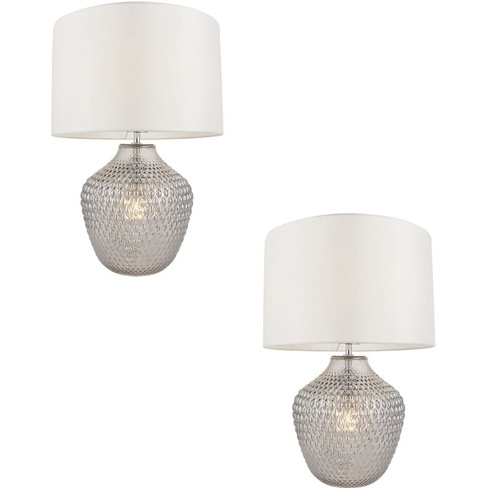 2 PACK Grey Tinted Faceted Glass Twin Table Lamp & Vintage Fabric Shade