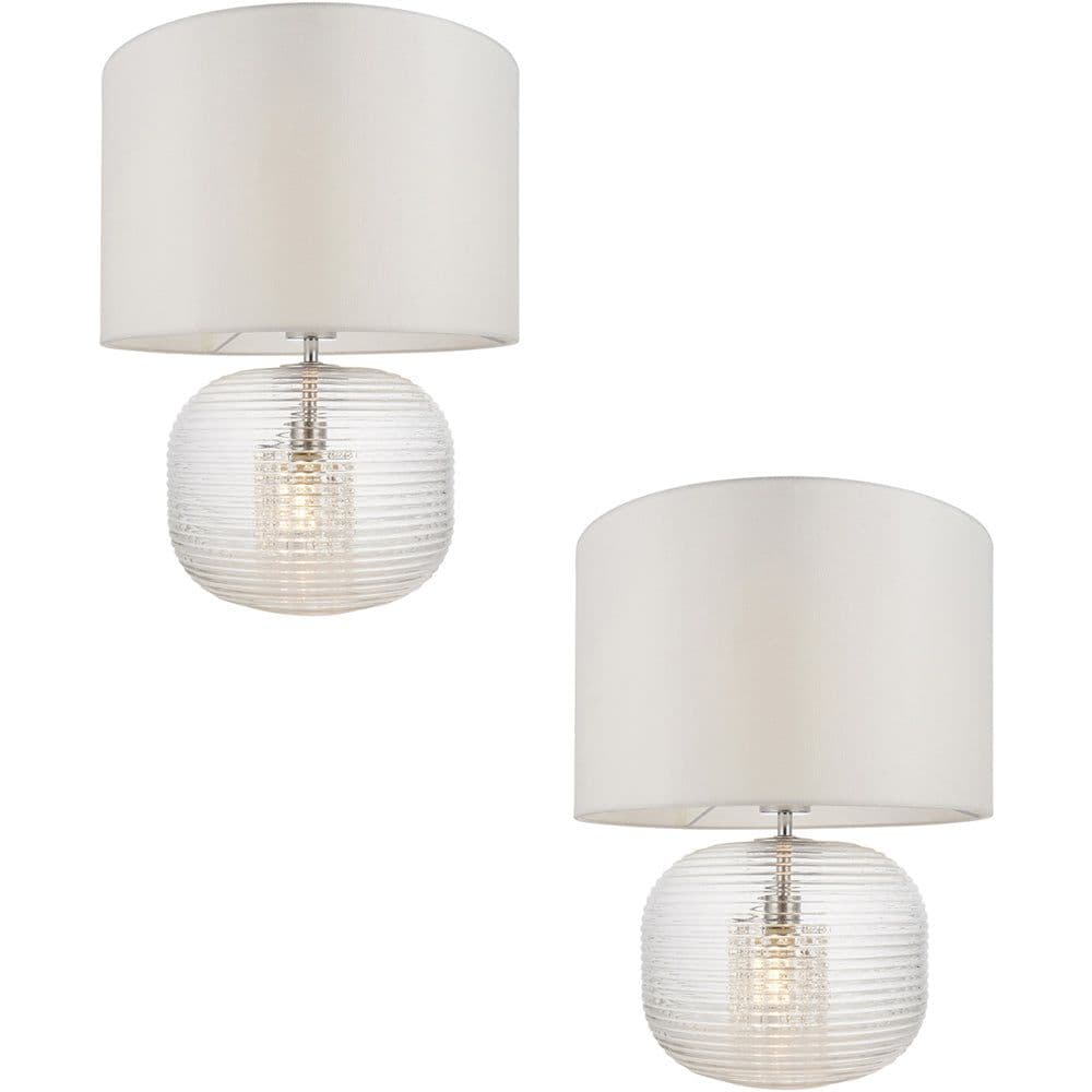 2 PACK Clear Ribbed Glass Twin Lit Table Lamp Light & Vintage Fabric Shade