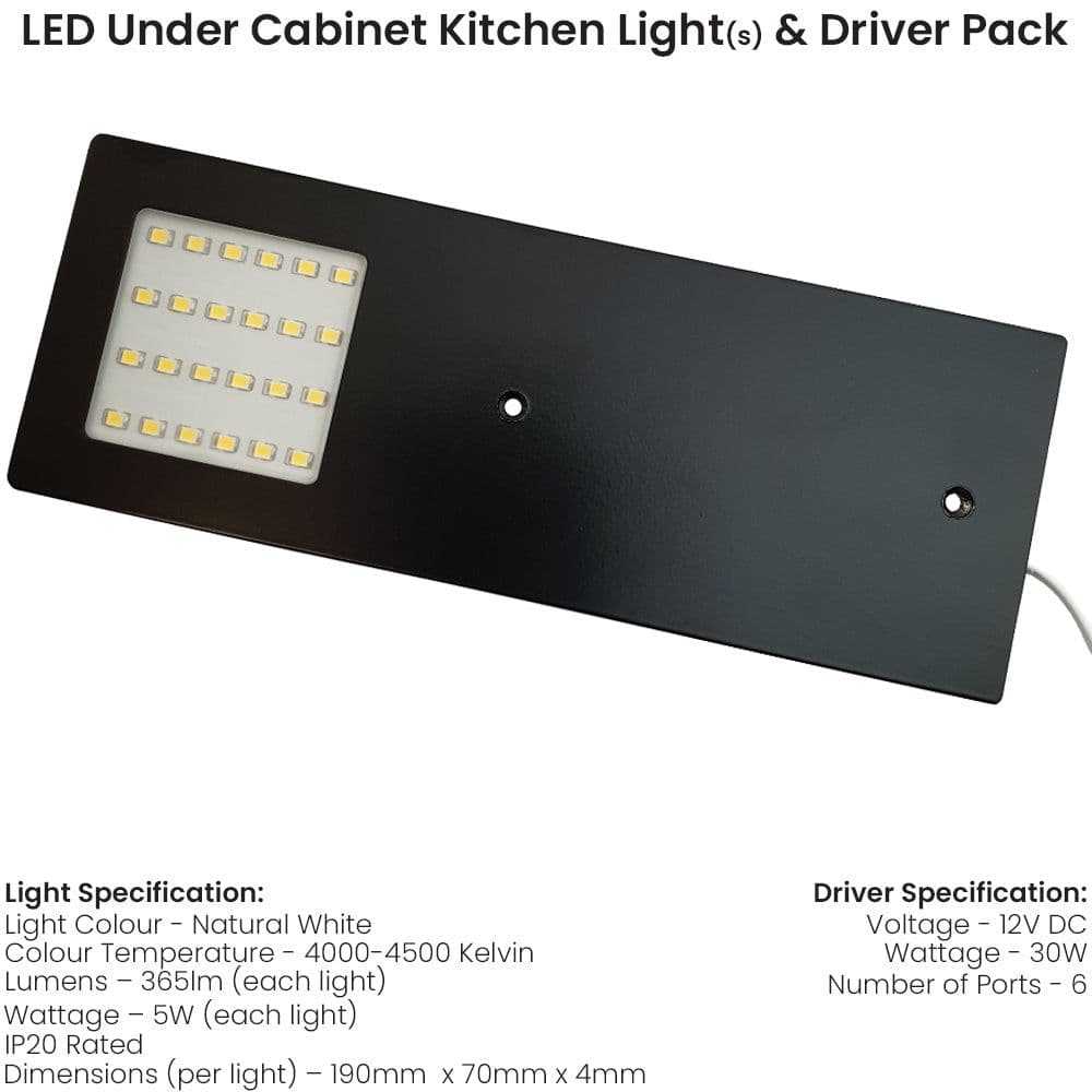 6x MATT Ultra Slim Rectangle Under Cabinet Kitchen Light & Driver Kit Natural White LED