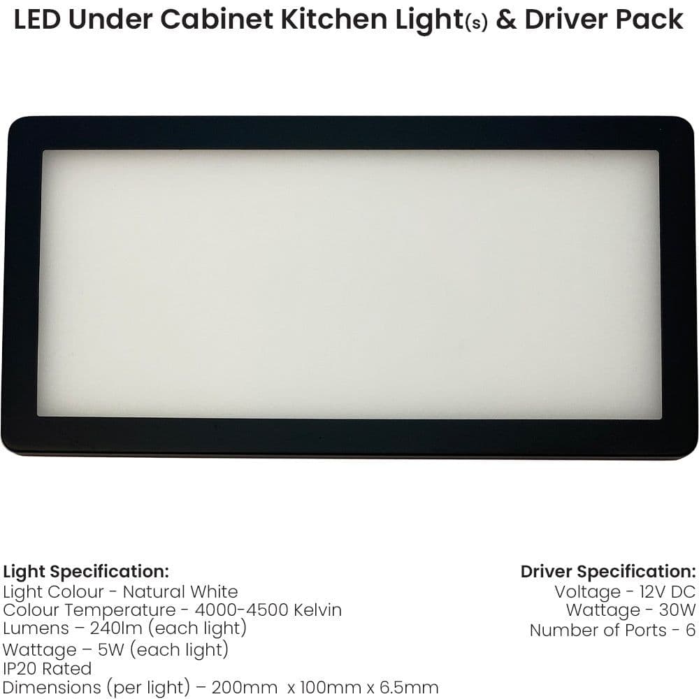 6x MATT Ultra Slim Rectangle Under Cabinet Kitchen Light & Driver Kit Natural White Diffused LED