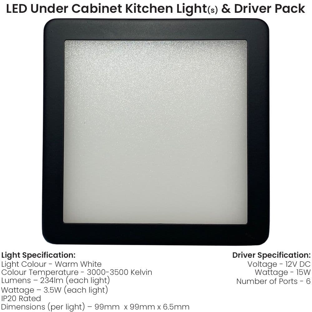 4x MATT Ultra Slim Square Under Cabinet Kitchen Light & Driver Kit Warm White Diffused LED