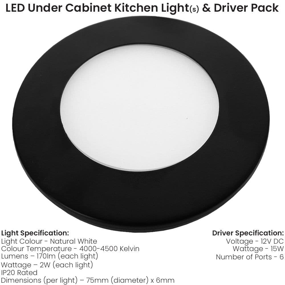 5x MATT BLACK Ultra-Slim Round Under Cabinet Kitchen Light & Driver Kit - Natural White Diffused LED