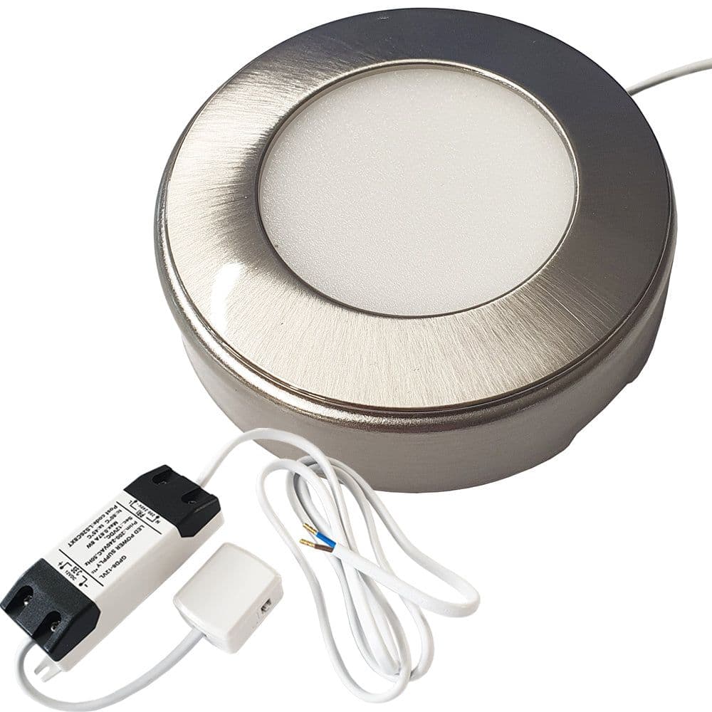 1x BRUSHED NICKEL Round Surface or Flush Under Cabinet Kitchen Light & Driver Kit Natural LED