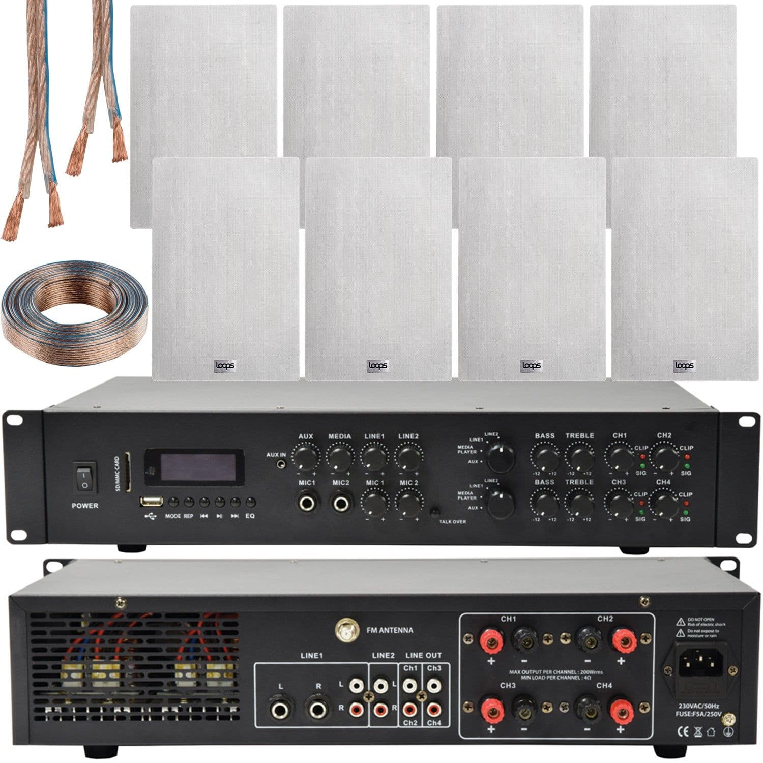 1100W Bluetooth Sound System & 8x 140W Wall Speakers 4 Zone Room Amp