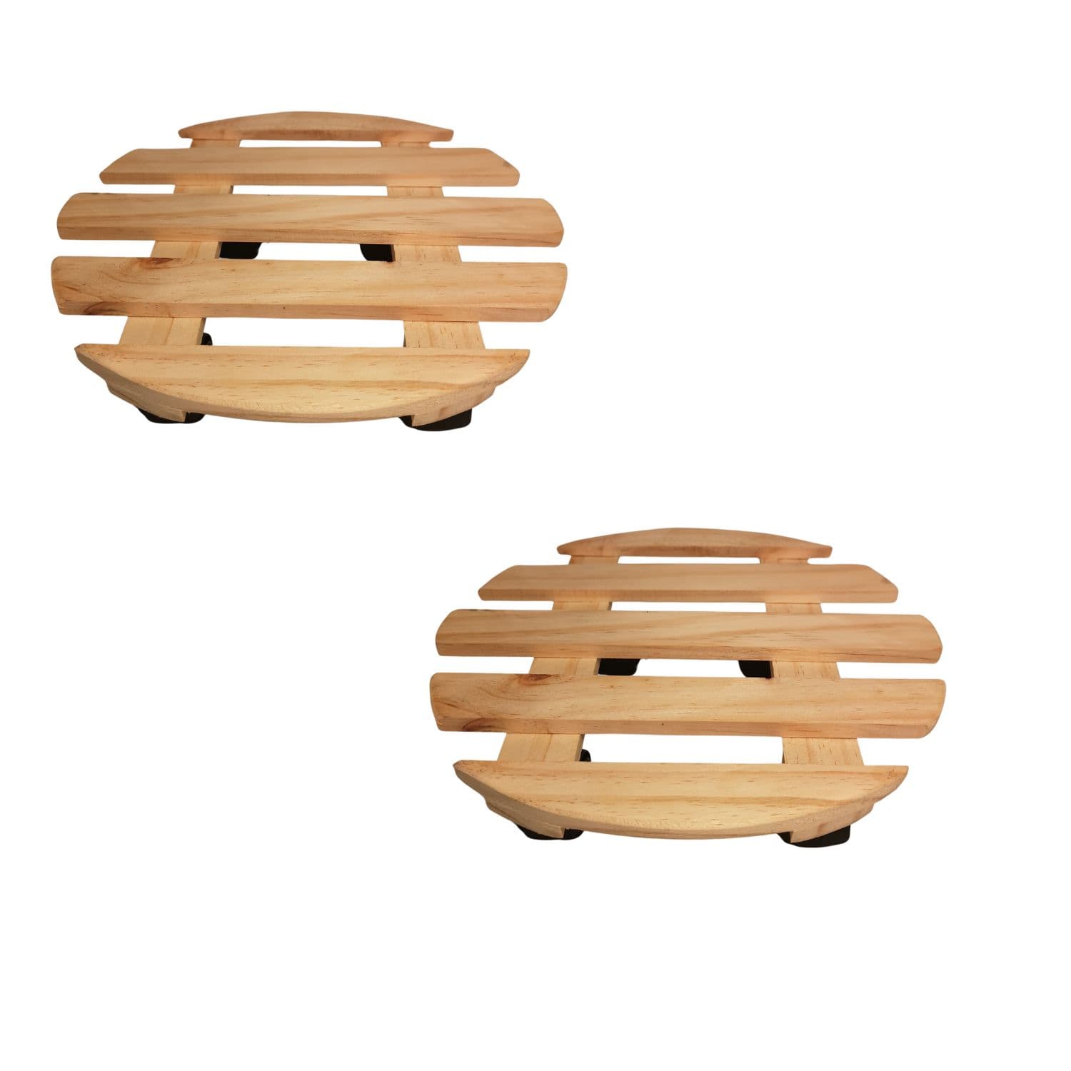Pack of 2 35cm Round Wooden Garden Plant Pot Flower Trolley Stand on Wheels