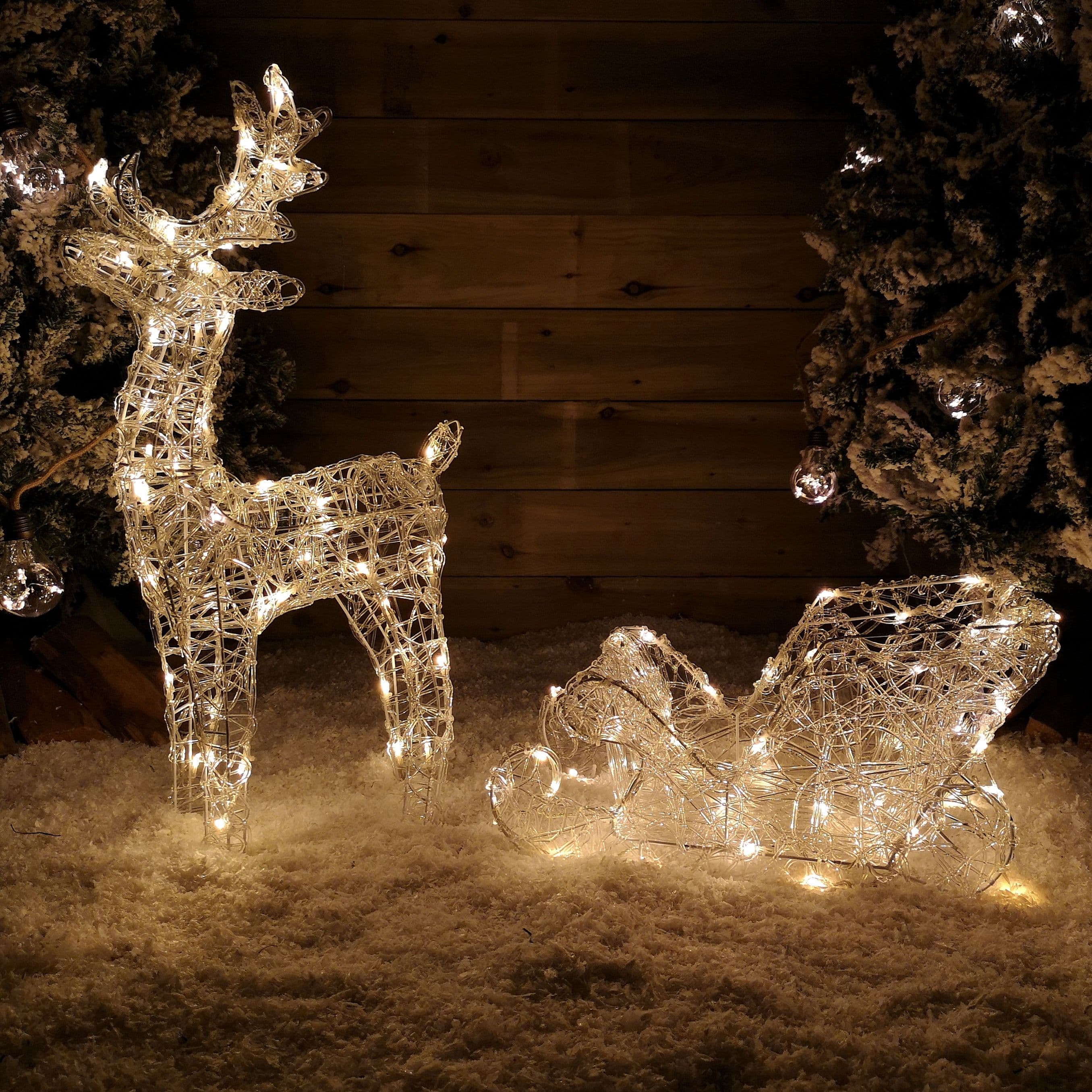 70cm Soft Acrylic Flashing LED Reindeer and Sleigh Christmas Decoration with Timer in Warm White