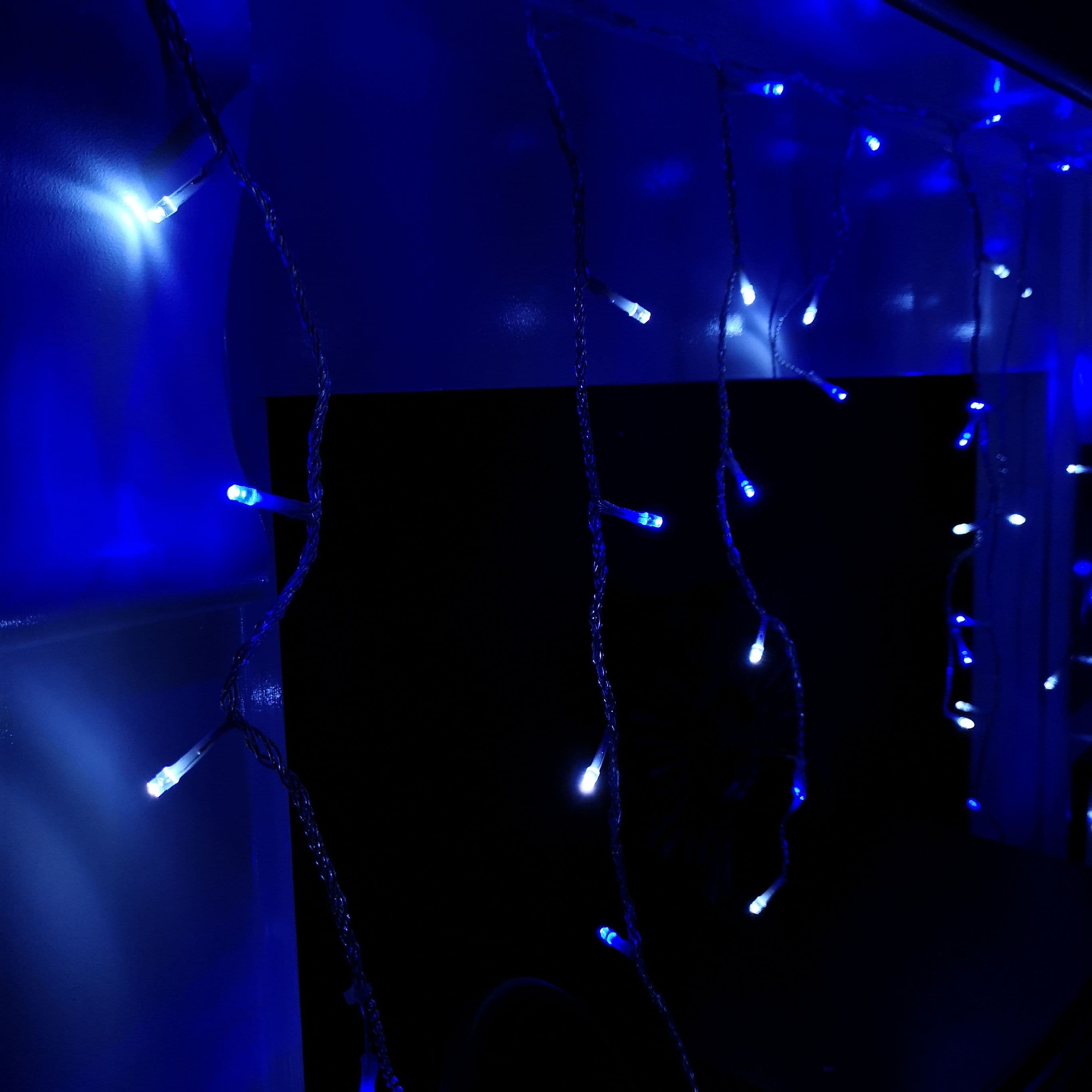 480 LED 11.8m Snowing Iciclebrights Indoor Outdoor Multifunction Christmas Icicle Lights on Clear Cable with Timer in Blue & White