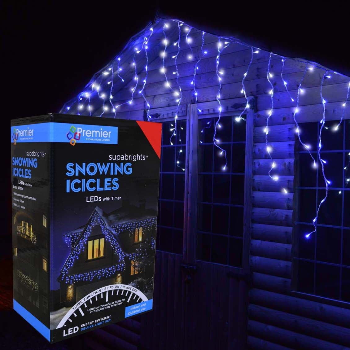 720 LED 17.8m Snowing Iciclebrights Indoor Outdoor Multifunction Christmas Icicle Lights on Clear Cable with Timer in Blue & White