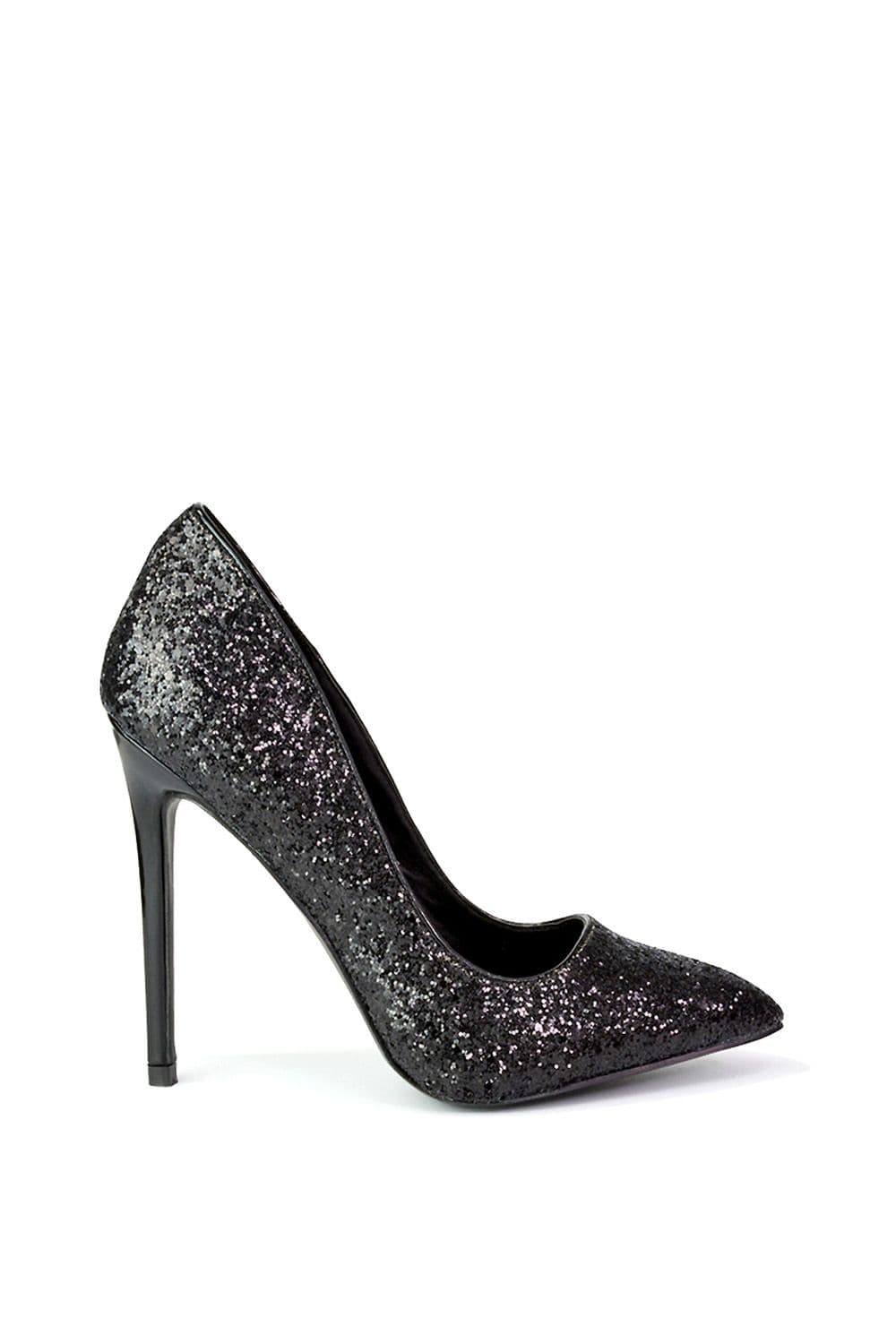 XY London Women's 'Emerald' Pointed Toe Court Shoes Glitter Stiletto High Heels in Black | Size: 4
