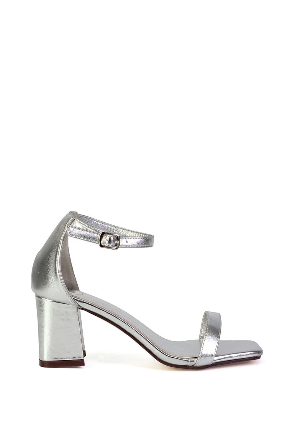 XY London Women's 'Antigoni' Strappy Low Mid Block Heel Square Toe Sandals in Metallic Silver | Size: 5