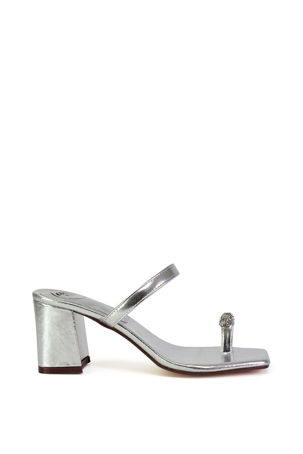 XY London Women's 'Daiquiri' Double Strap Square Toe Ring Block Heel Sandals in Metallic Silver | Size: 6