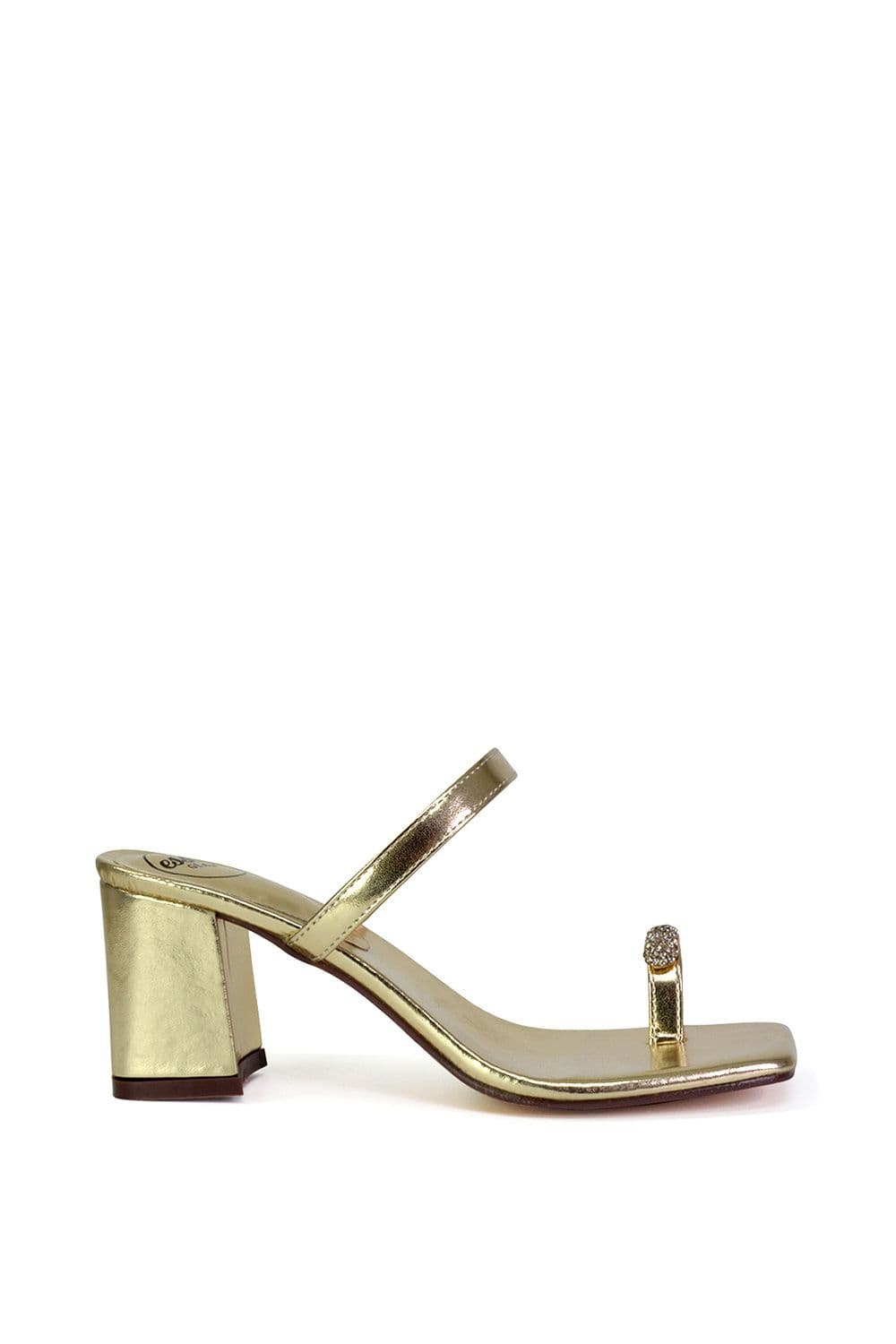 XY London Women's 'Daiquiri' Double Strap Square Toe Ring Block Heel Sandals in Metallic Gold | Size: 4