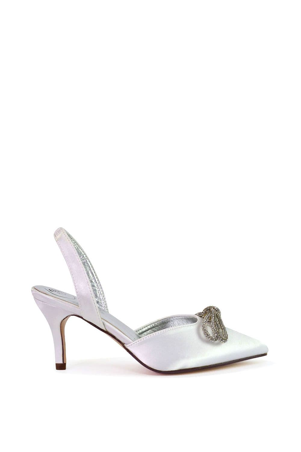 XY London Women's 'Marinah' Slingback Diamante Bow Low Heel Court Shoes in White | Size: 5