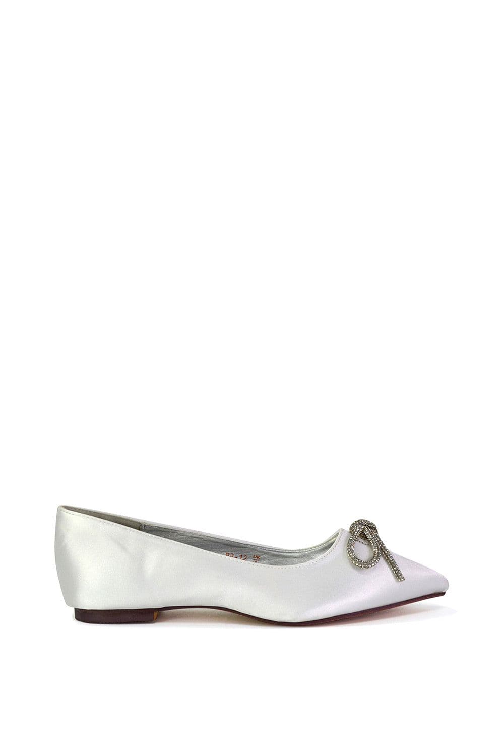 XY London Women's 'Blossom' Diamante Bow Detail Pointed Toe Ballerina Pumps in White | Size: 6