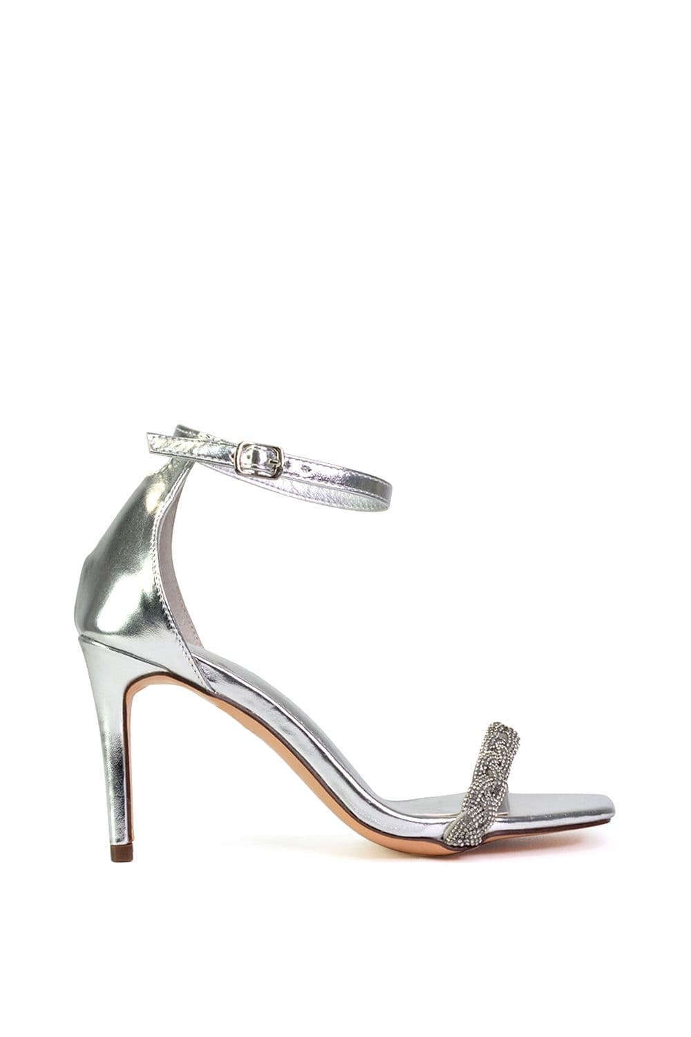 XY London Women's 'Peyton' Diamante Strappy Party Square Toe Mid High Heel Stiletto Sandals in Metallic Silver | Size: 7