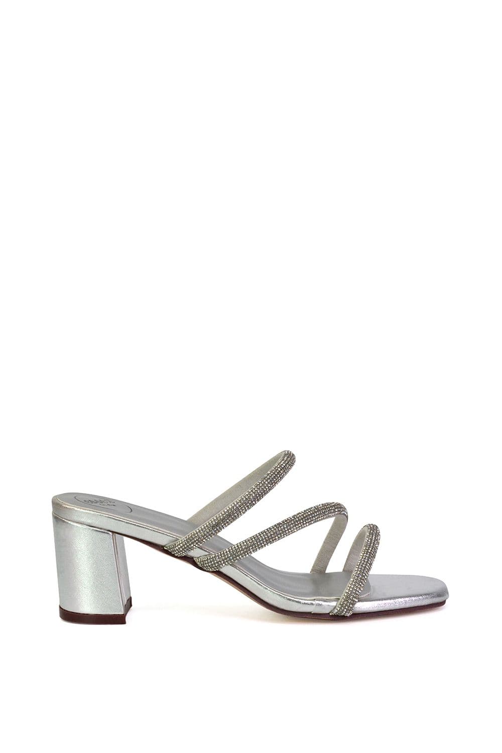 XY London Women's 'Mckenna' Diamante Strappy Square Toe Block High Heel Mules in Metallic Silver | Size: 4