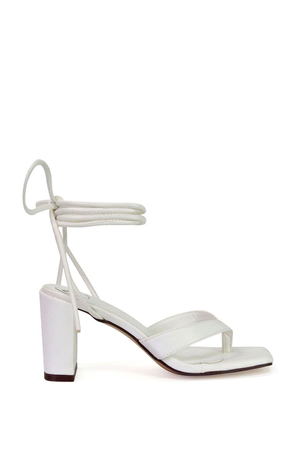 XY London Women's 'Kiko' Lace Up Thong Square Toe Strappy Mid Block Heel Sandals in White | Size: 3