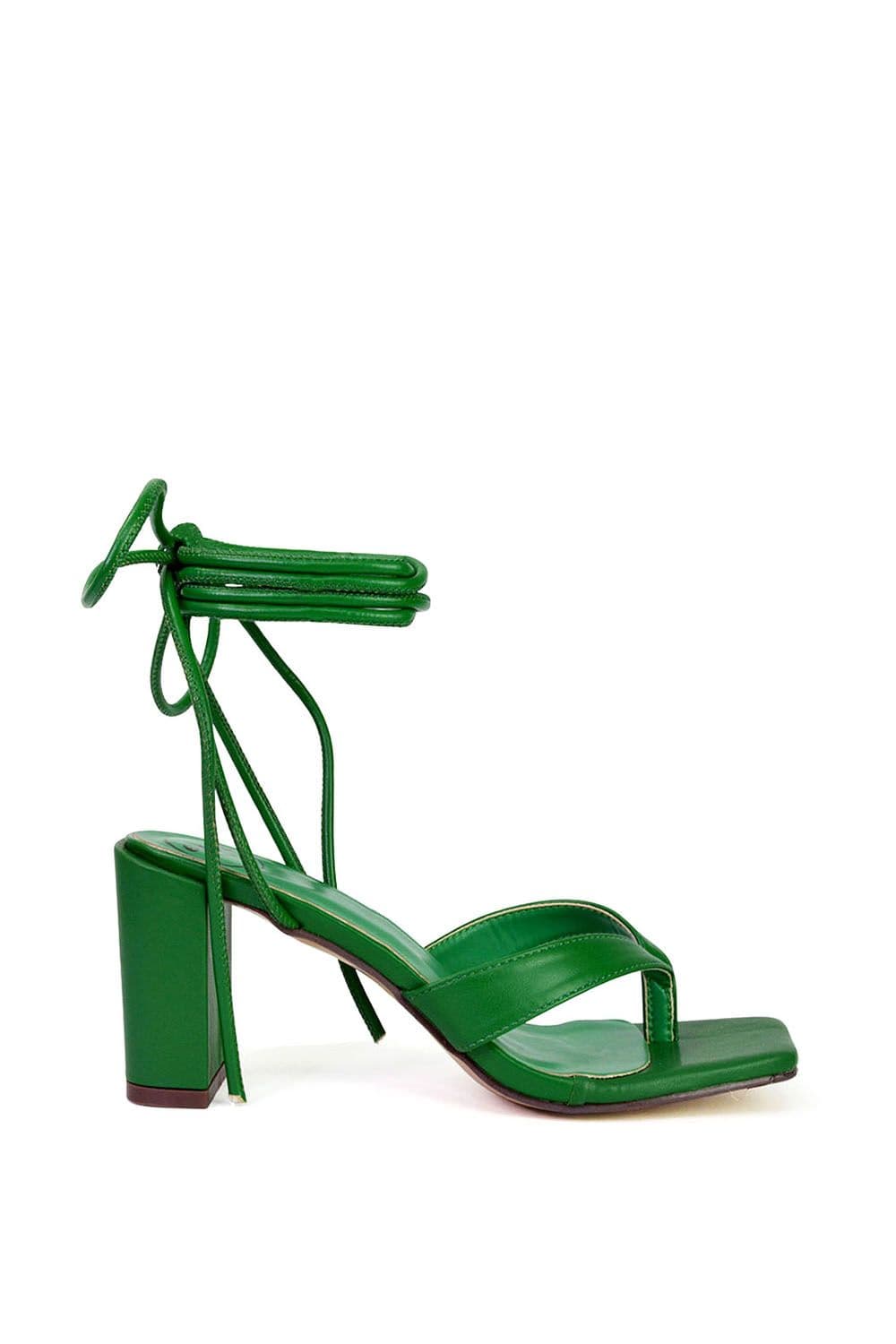XY London Women's 'Kiko' Lace Up Thong Square Toe Strappy Mid Block Heel Sandals in Green | Size: 4