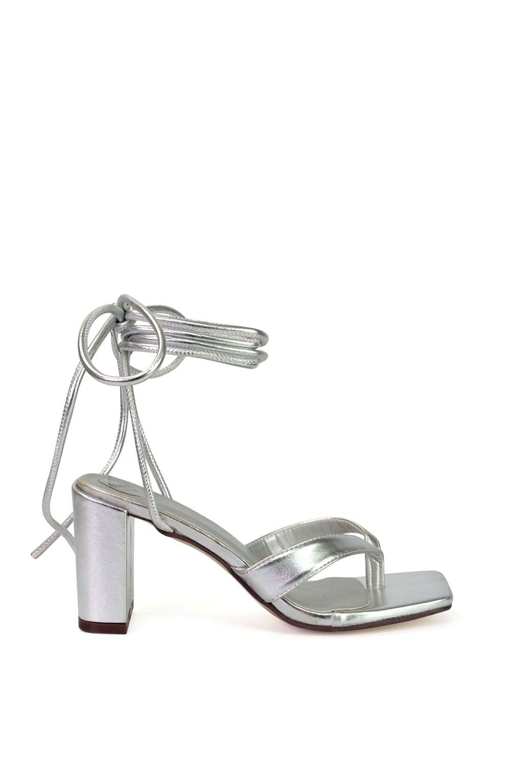 XY London Women's 'Kiko' Lace Up Thong Square Toe Strappy Mid Block Heel Sandals in Metallic Silver | Size: 5