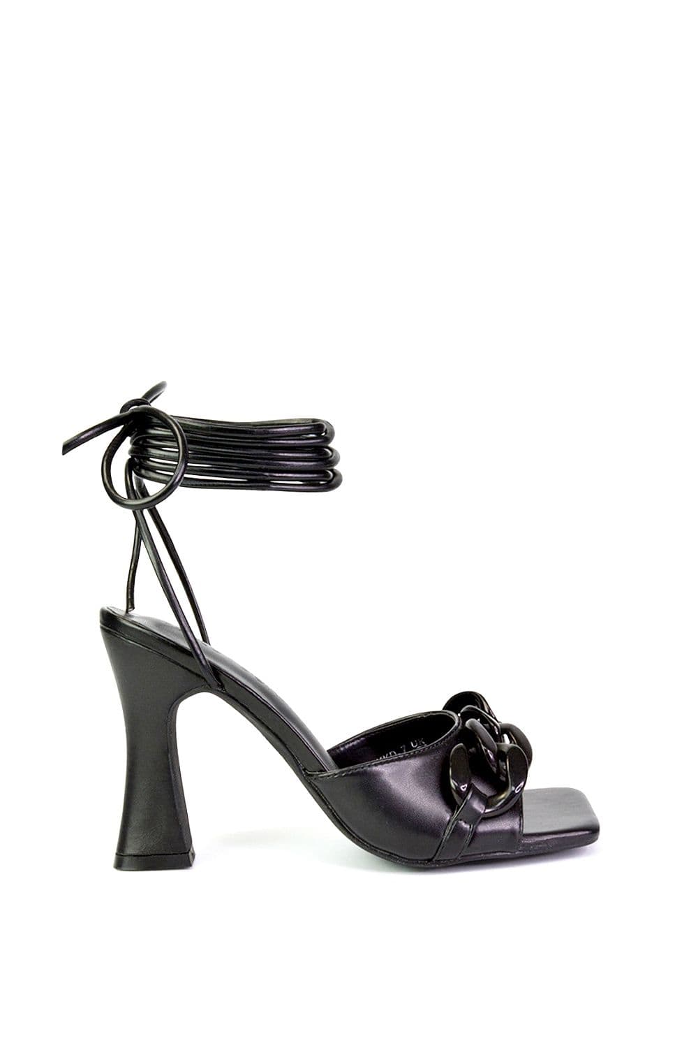 XY London Women's 'Rhegan' Lace Up Chain Detail Square Toe Block High Heel Sandals in Black | Size: 8