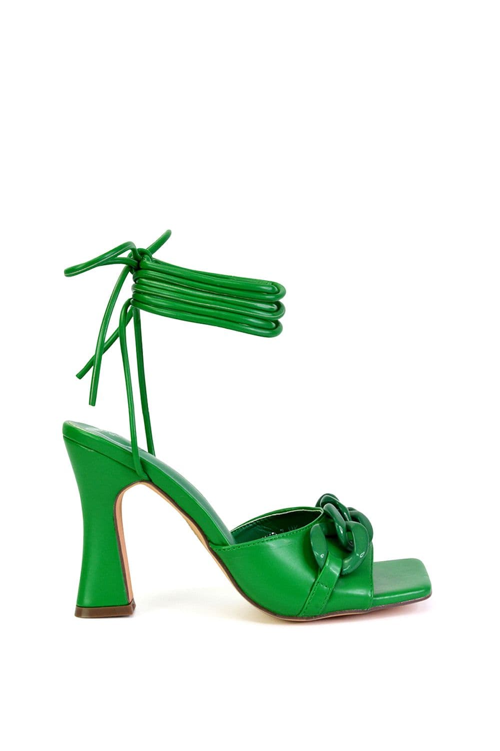 XY London Women's 'Rhegan' Lace Up Chain Detail Square Toe Block High Heel Sandals in Green | Size: 4