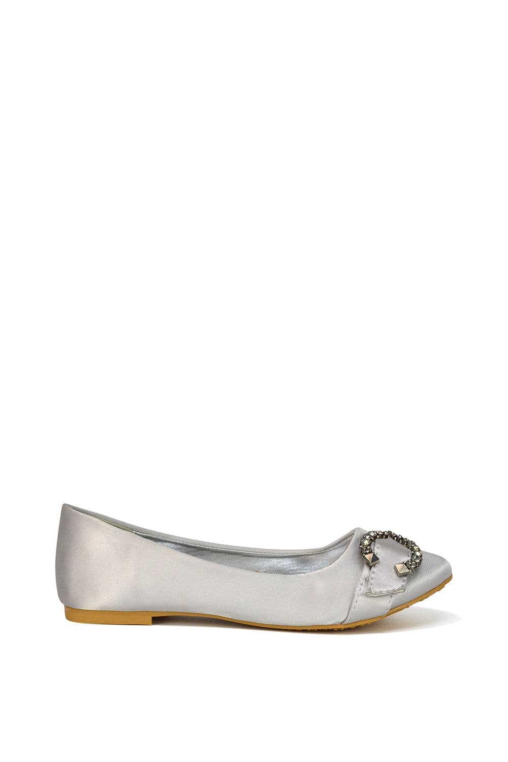 XY London Women's 'Ferne' Diamante Broach Detail Flat Ballerina Bridal Pump Shoes in Silver | Size: 3