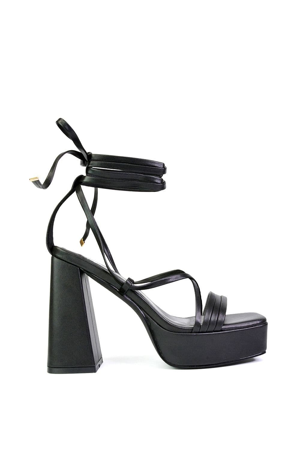 XY London Women's 'Eden' Square Toe Lace Up Strappy Platform Flared Block High Heels in Black | Size: 7