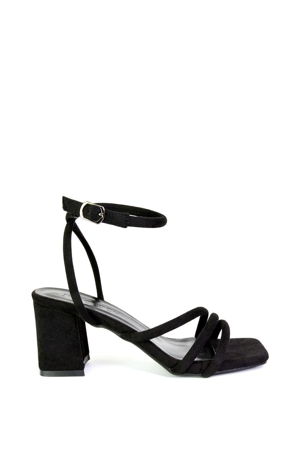 XY London Women's 'Trixie' Square Toe Buckle Up Ankle Strappy Mid Block Heel Sandals in Jet Black | Size: 5