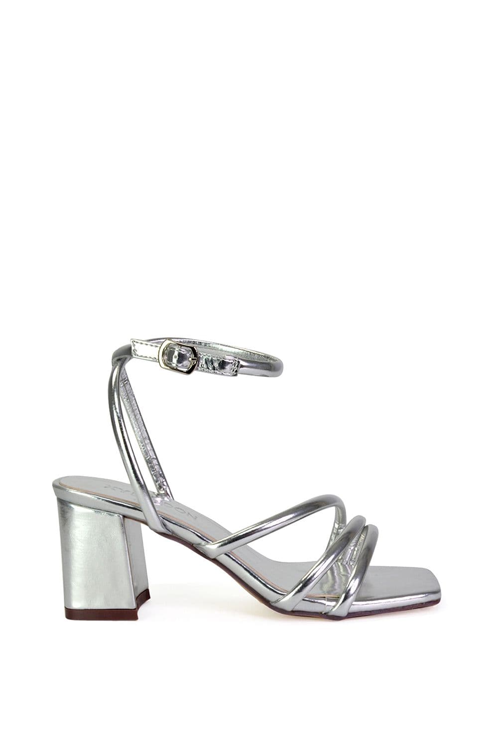 XY London Women's 'Trixie' Square Toe Buckle Up Ankle Strappy Mid Block Heel Sandals in Metallic Silver | Size: 3
