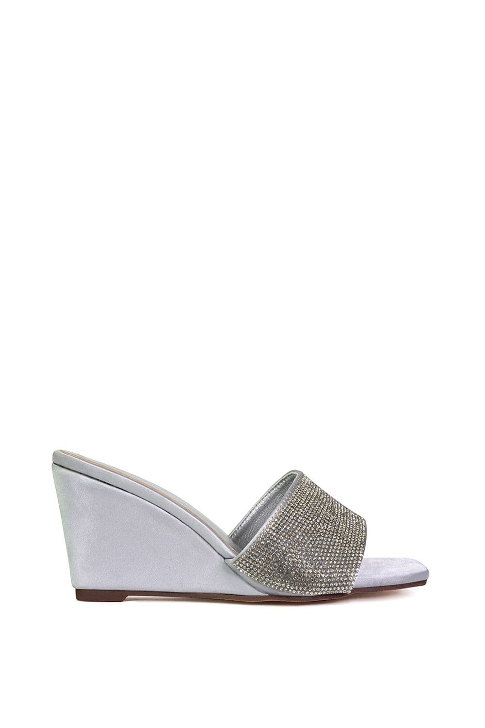 XY London Women's 'Eliza' Slip On Mule Diamante Sandal Wedge Heels With Square Toe in Silver | Size: 4