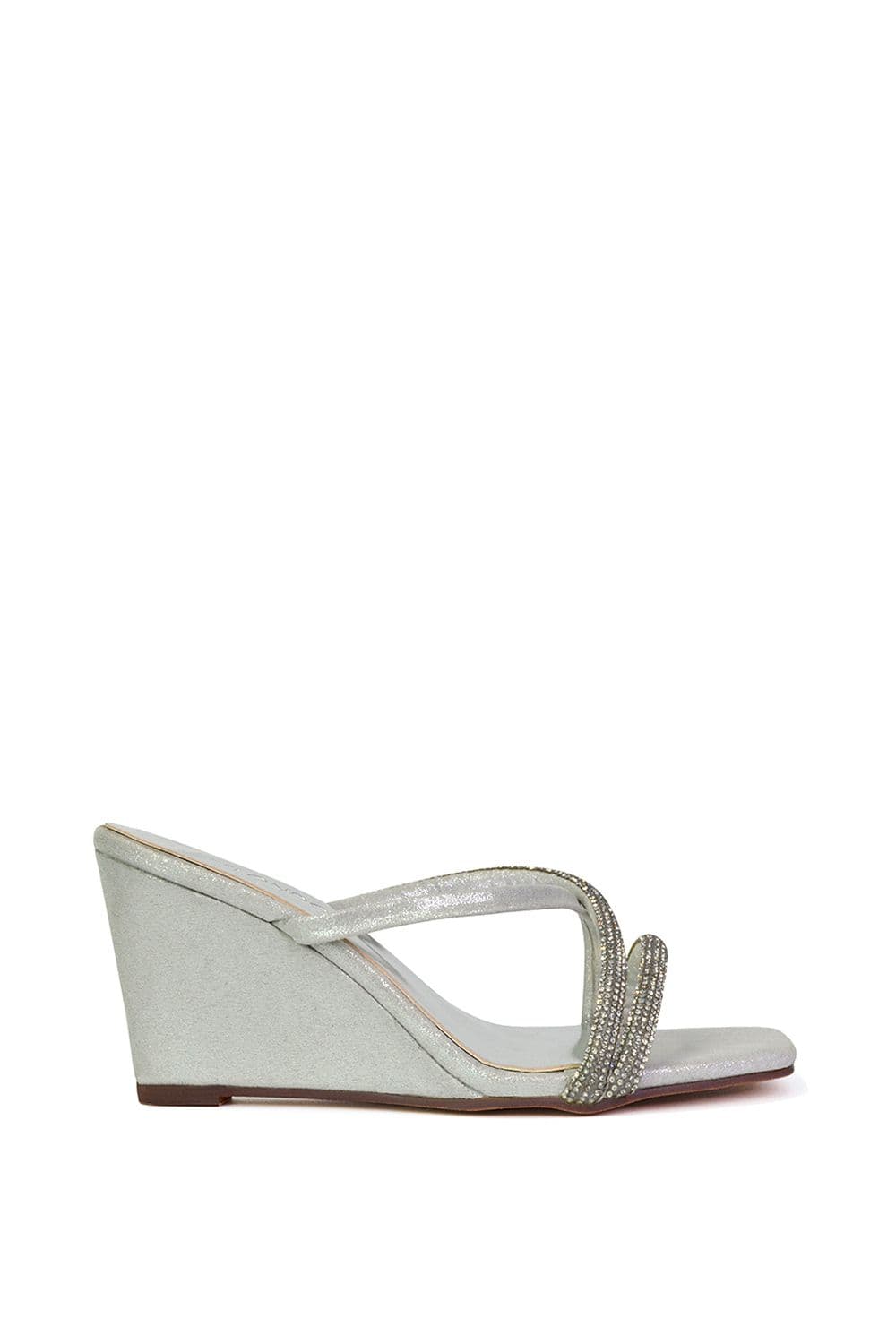 XY London Women's 'Kinsley' Diamante Strappy Square Toe Sandal Wedge Heels in Silver | Size: 7