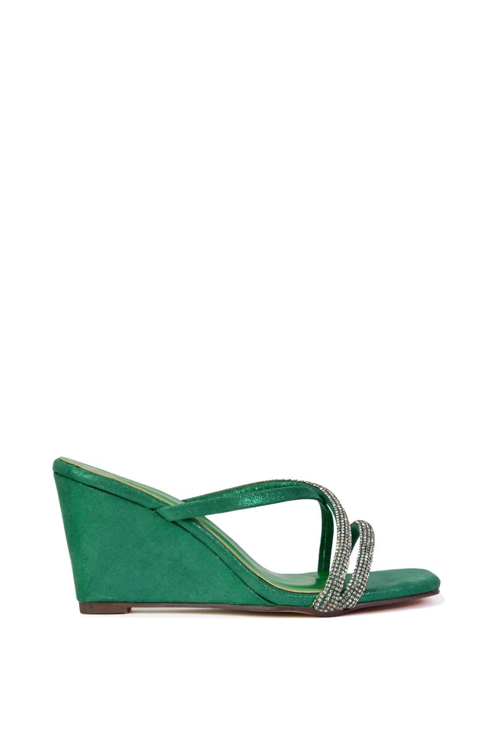 XY London Women's 'Kinsley' Diamante Strappy Square Toe Sandal Wedge Heels in Green | Size: 4