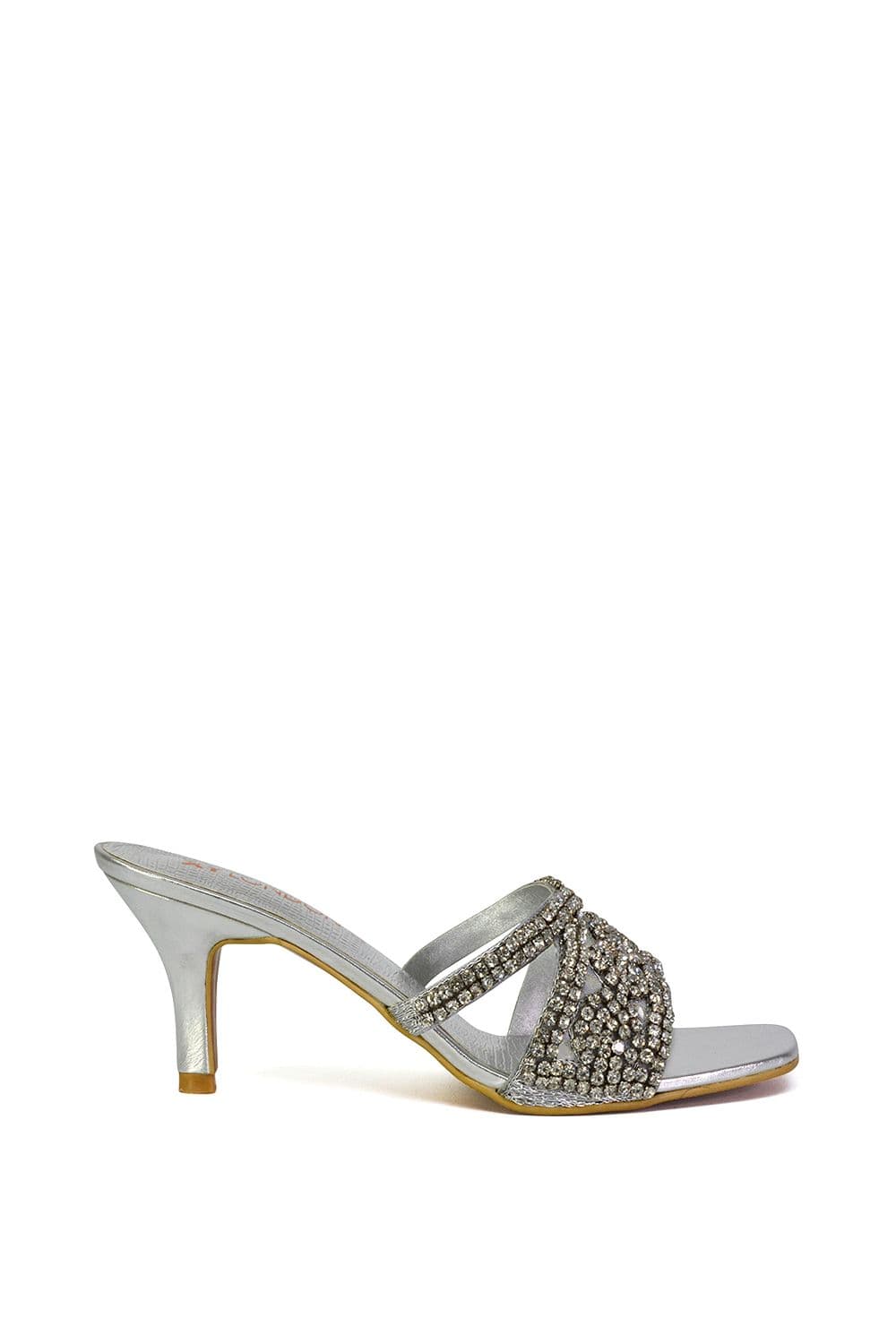 XY London Women's 'Dominica' Diamante Mid Stiletto Heel Mule Sandals in Silver | Size: 4