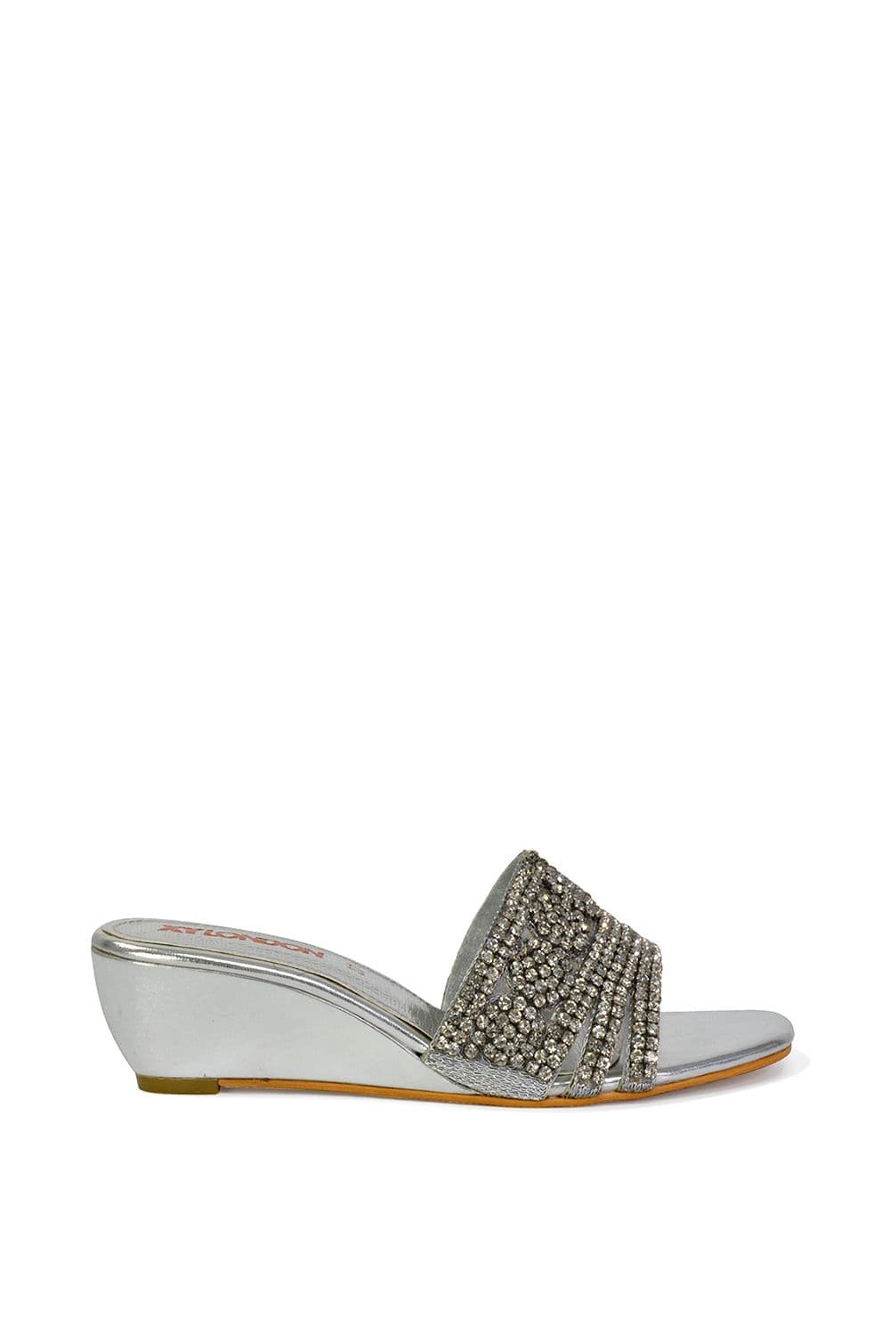 XY London Women's 'Olive' Square Toe Embellished Diamante Wedge Heel Sandal in Silver | Size: 4