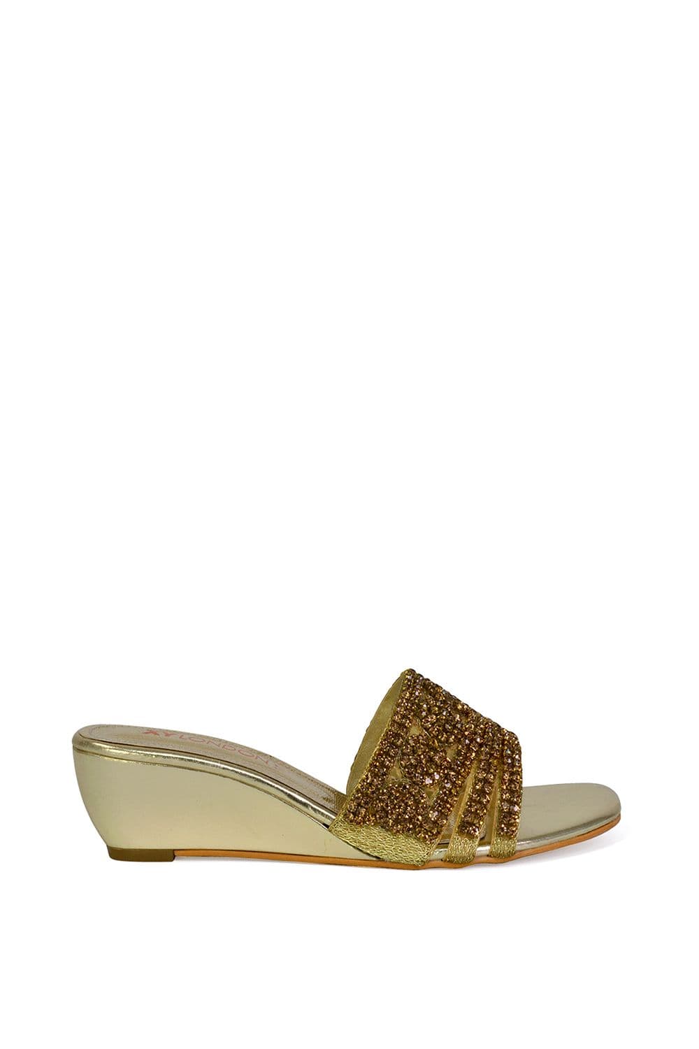 XY London Women's 'Olive' Square Toe Embellished Diamante Wedge Heel Sandal in Gold | Size: 5
