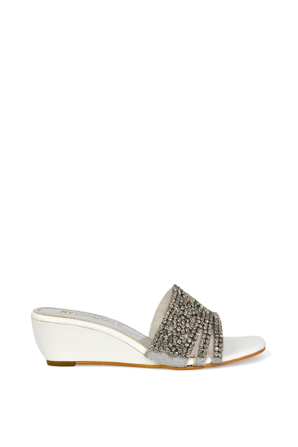 XY London Women's 'Olive' Square Toe Embellished Diamante Wedge Heel Sandal in White | Size: 4